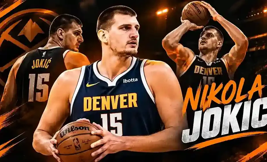 Nikola Jokic playing basketball in a black and orange sports design
