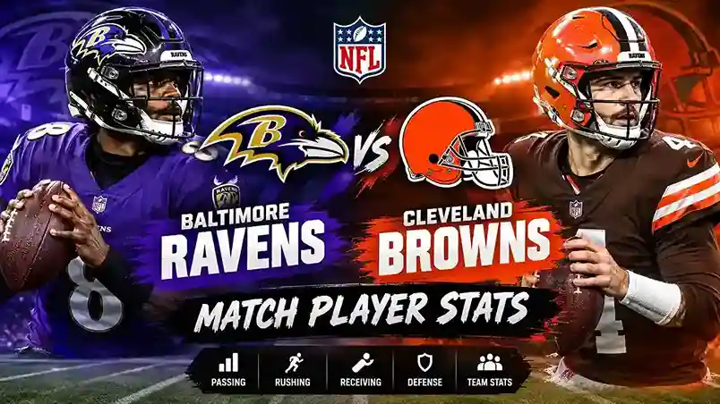 Baltimore Ravens vs Cleveland Browns match player stats featuring both NFL teams in a dramatic stadium matchup.