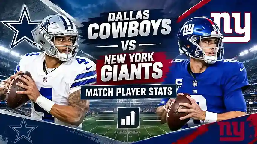 Dallas Cowboys vs New York Giants match player stats featuring both NFL teams in a stadium matchup graphic.
