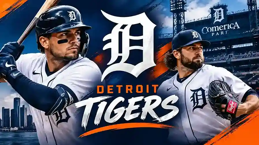 Detroit Tigers baseball players in white uniforms with navy blue and orange team-themed graphics at Comerica Park.