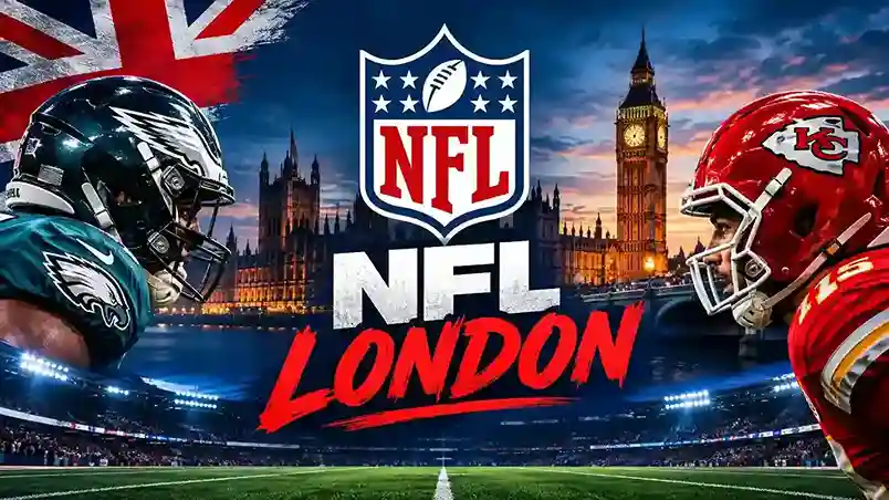NFL London football game featuring NFL players and the London skyline at sunset