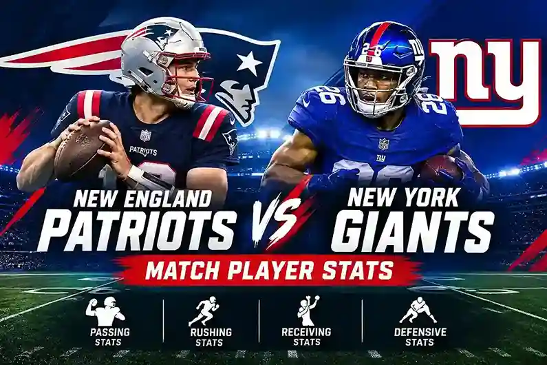 New England Patriots vs New York Giants Match Player Stats featuring both NFL teams in a dramatic football stadium matchup.