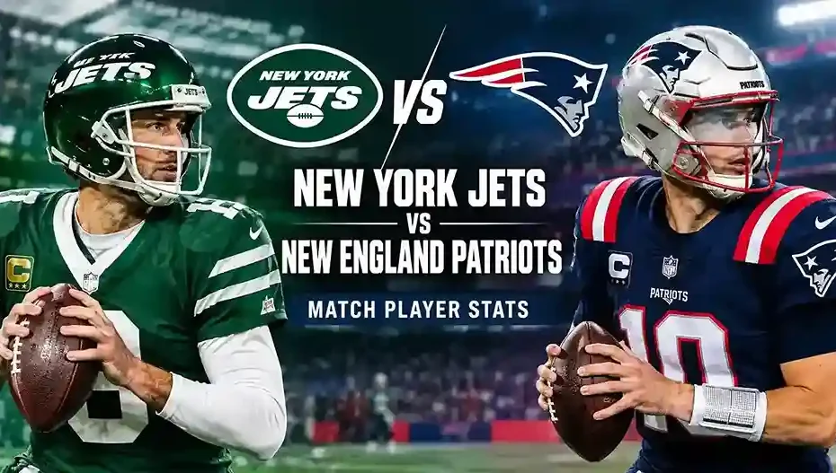 New York Jets vs New England Patriots match player stats featuring both teams' quarterbacks on the football field.