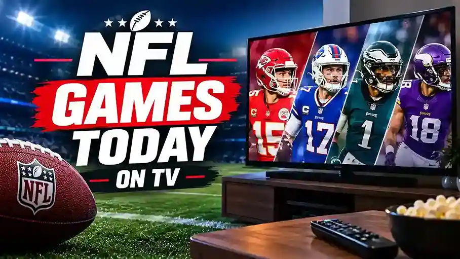 NFL games today on TV featuring American football players, stadium lights, and a football broadcast setup.